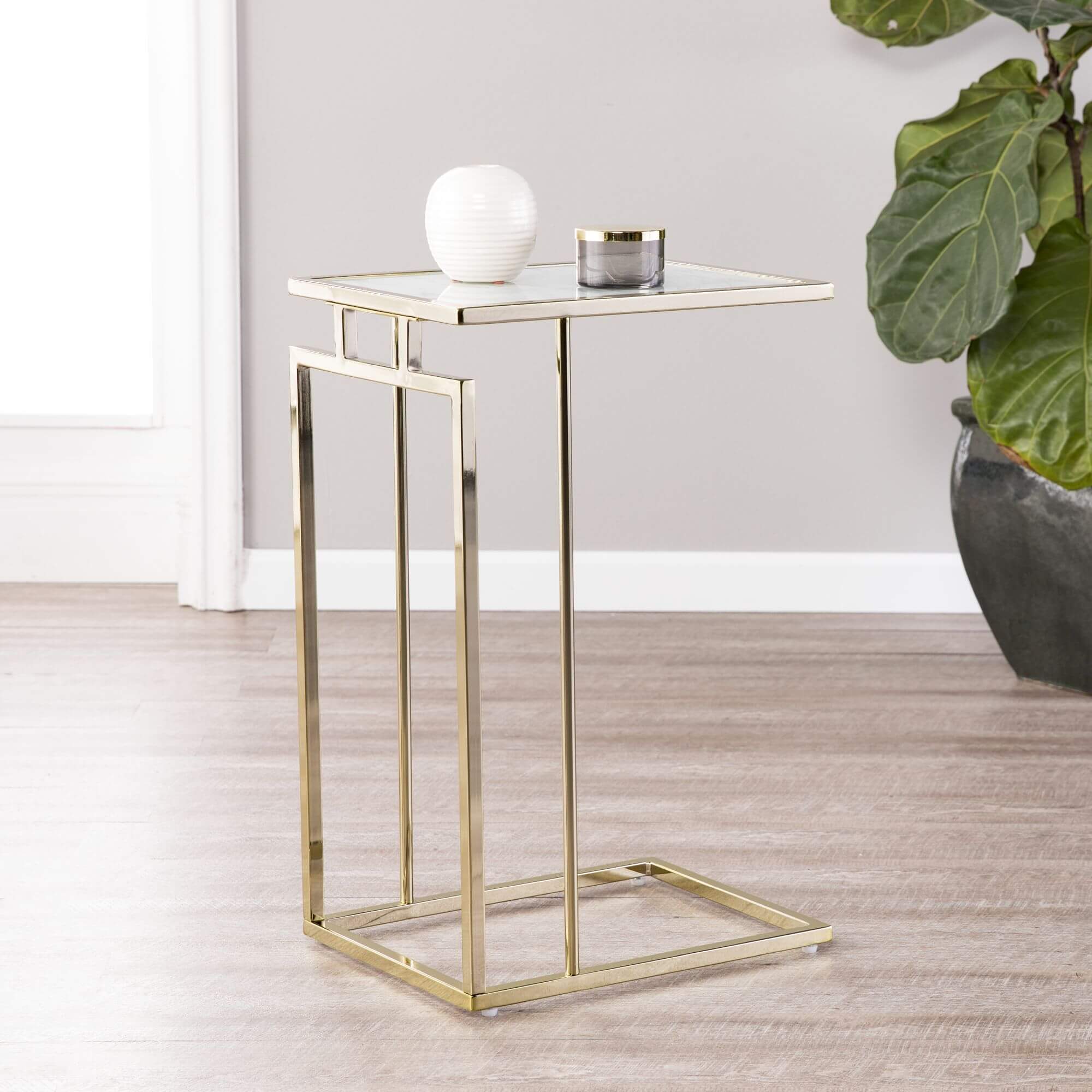 Colbi Glass-Topped C-Table - Glam Style - Champagne w/ White Faux Marble Glass