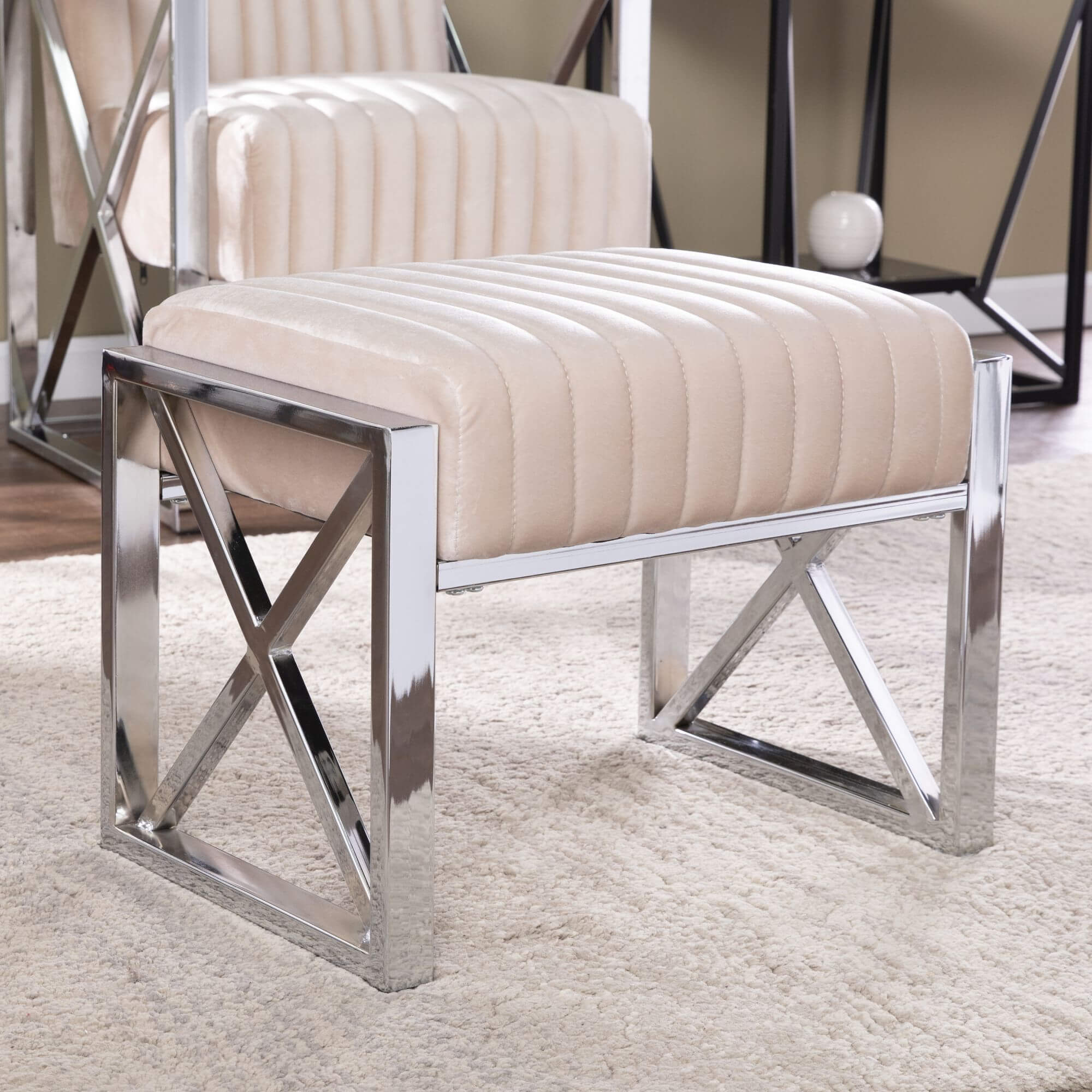 Ellison Velveteen Ottoman – Champagne w/ Chrome