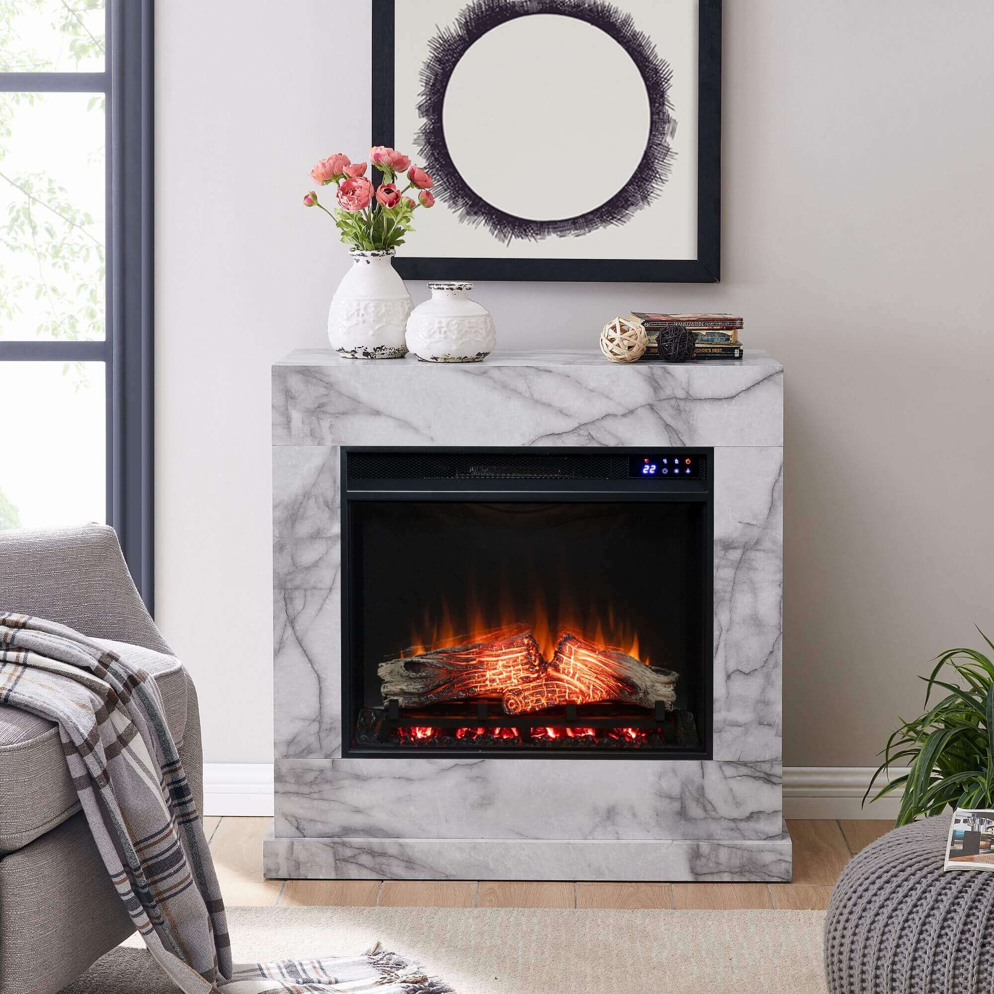 Dendale Faux Marble Electric Fireplace with Touch Screen