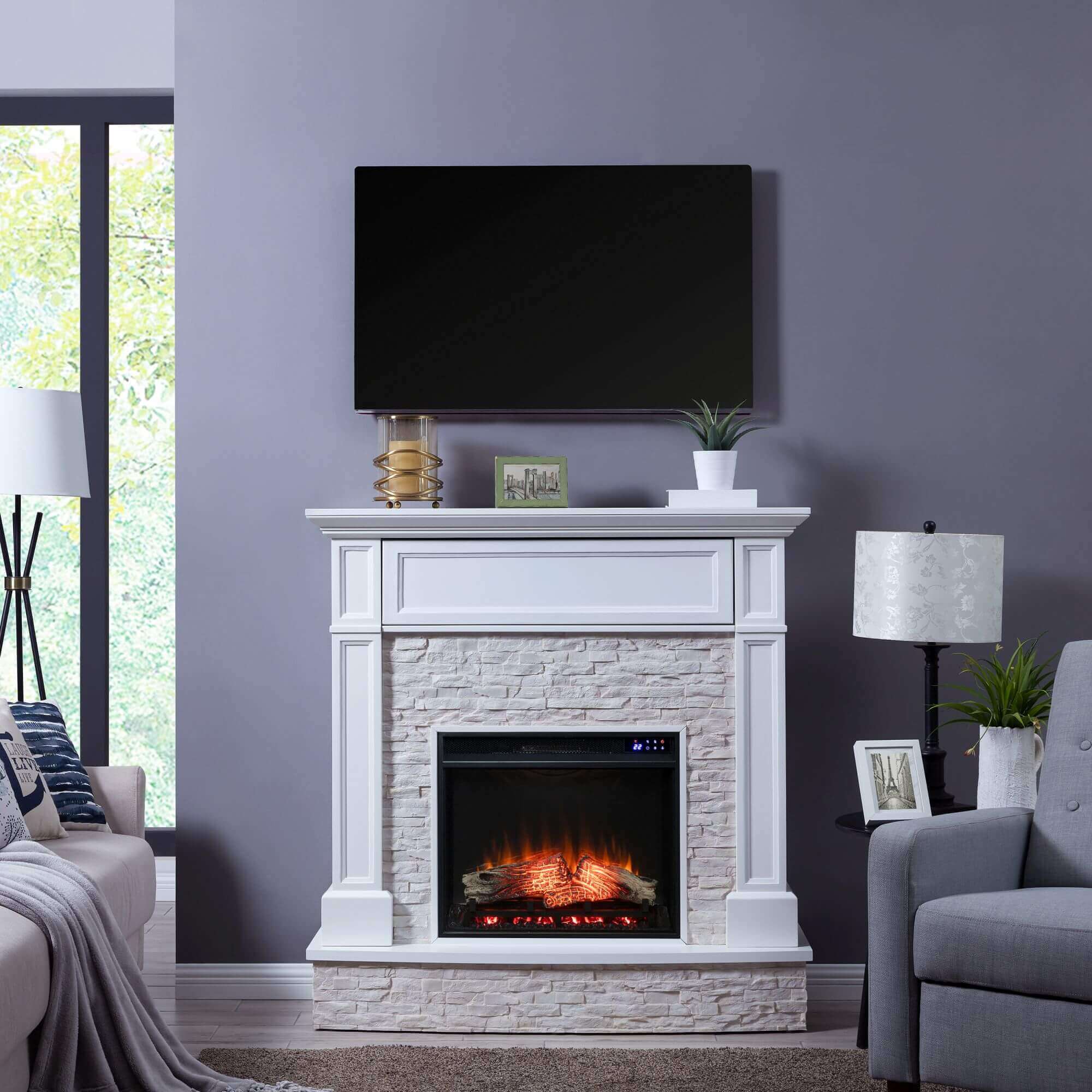 Jacksdale Touch Screen Electric Media Fireplace with Faux Stone