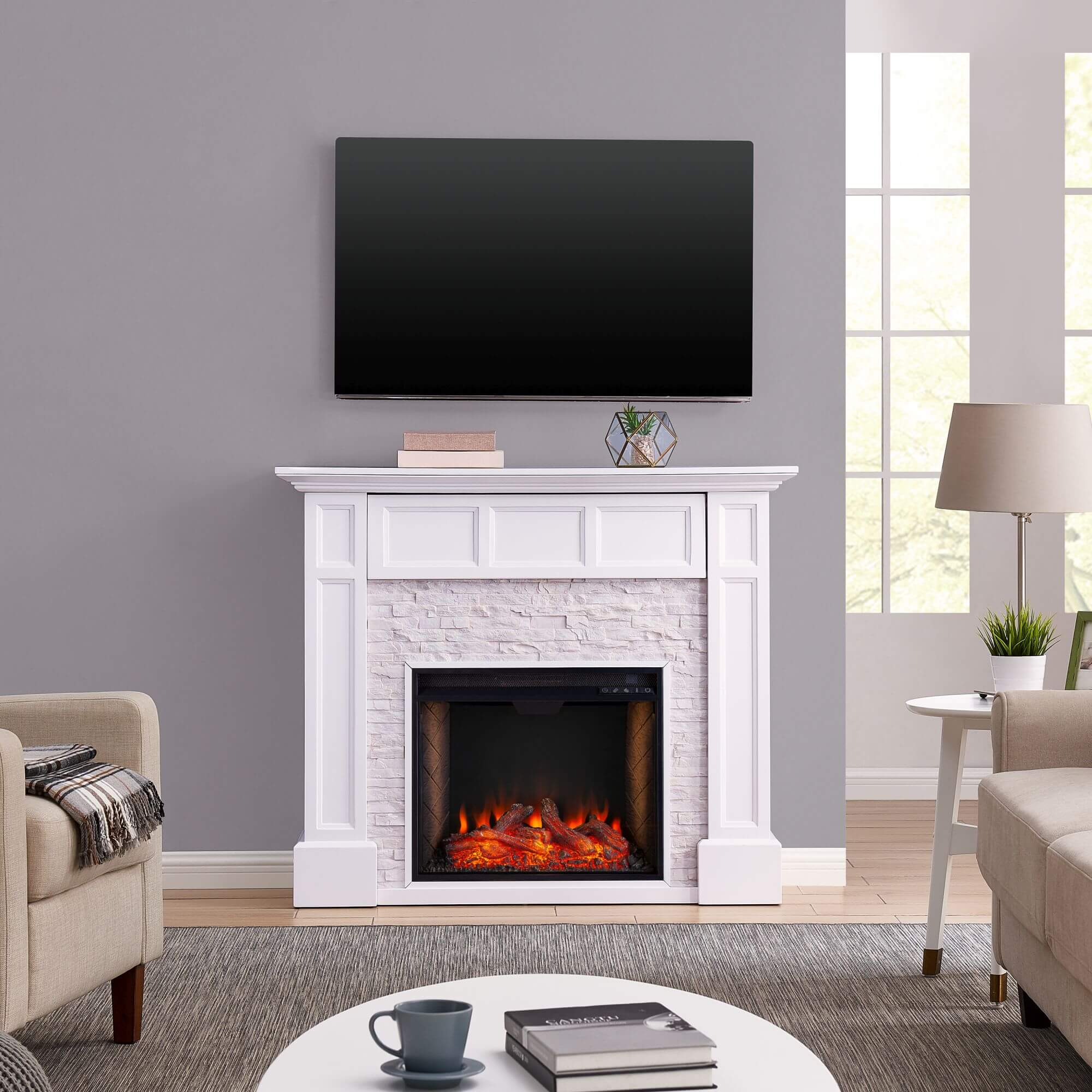 Broyleston Smart Media Fireplace with Faux Stone – White