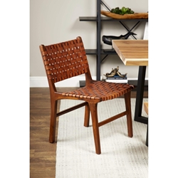 Brown Leather and Teak Contemporary Dining Chair, 33" x 21" x 20"