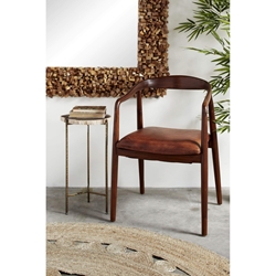 Brown Leather and Teak Contemporary Dining Chair, 32" x 20" x 21"