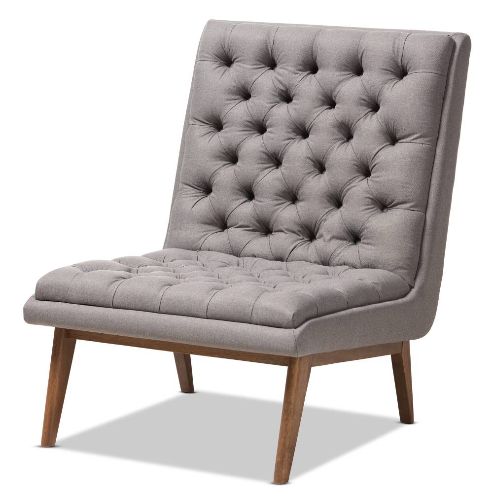 Baxton Studio Annetha Mid-Century Modern Grey Fabric Upholstered Walnut Finished Wood Lounge Chair
