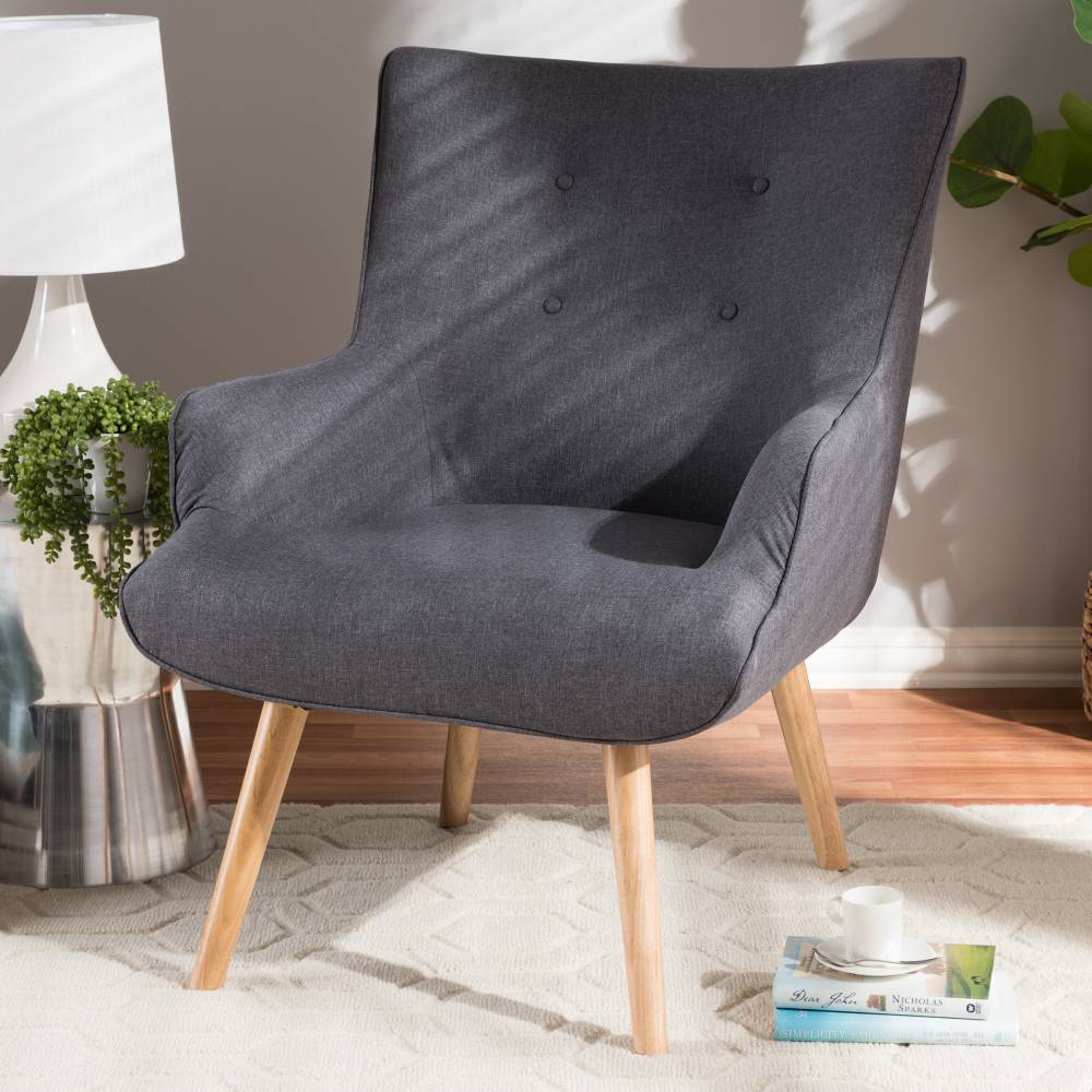 Baxton Studio Alden Mid-Century Modern Dark Grey Fabric Upholstered Natural Finished Wood Lounge Chair