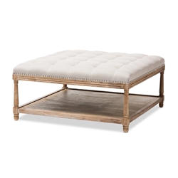 Baxton Studio Carlotta French Country Weathered Oak Beige Linen Square Coffee Table Ottoman