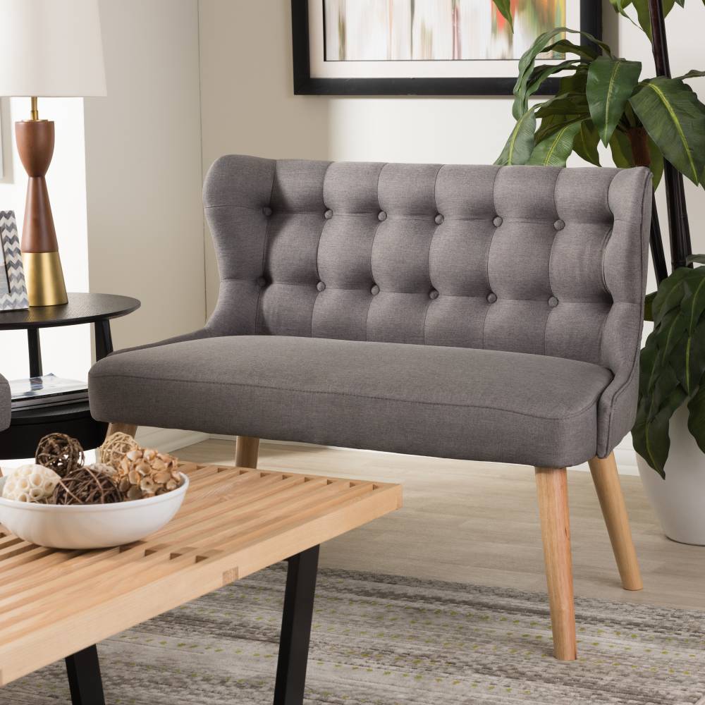 Baxton Studio Melody Mid-Century Modern Grey Fabric and Natural Wood Finishing 2-Seater Settee Bench