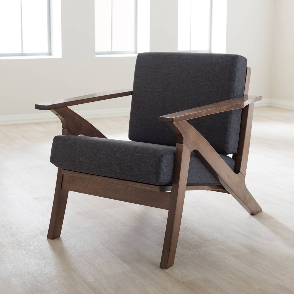 Baxton Studio Cayla Mid-Century Modern Grey Fabric and "Walnut" Brown Wood Living Room 1-Seater Lounge Chair