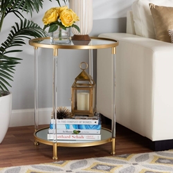 Baxton Studio Aubrie Glam and Luxe Brushed Gold Finished Metal and Mirrored Glass Round Accent End Table with Acrylic Legs