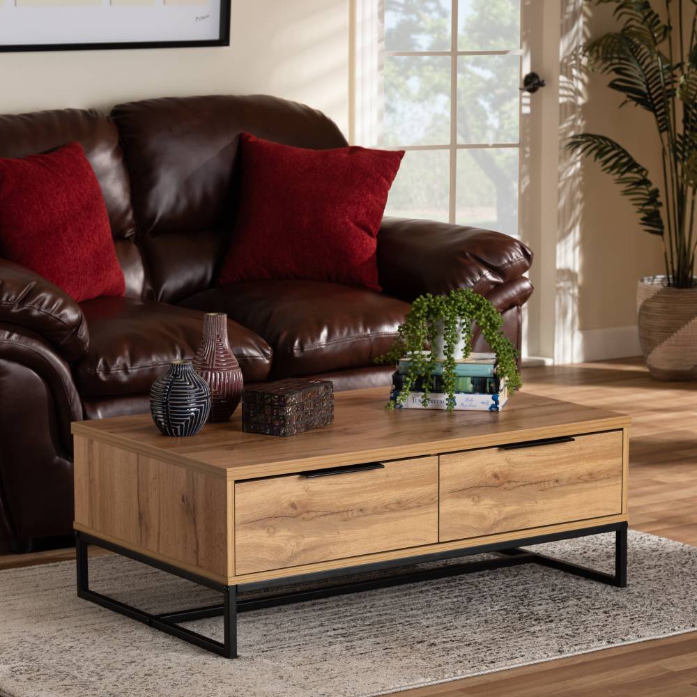 Baxton Studio Franklin Modern and Contemporary Oak Brown Finished Wood and Black Finished Metal 2-Drawer Coffee Table
