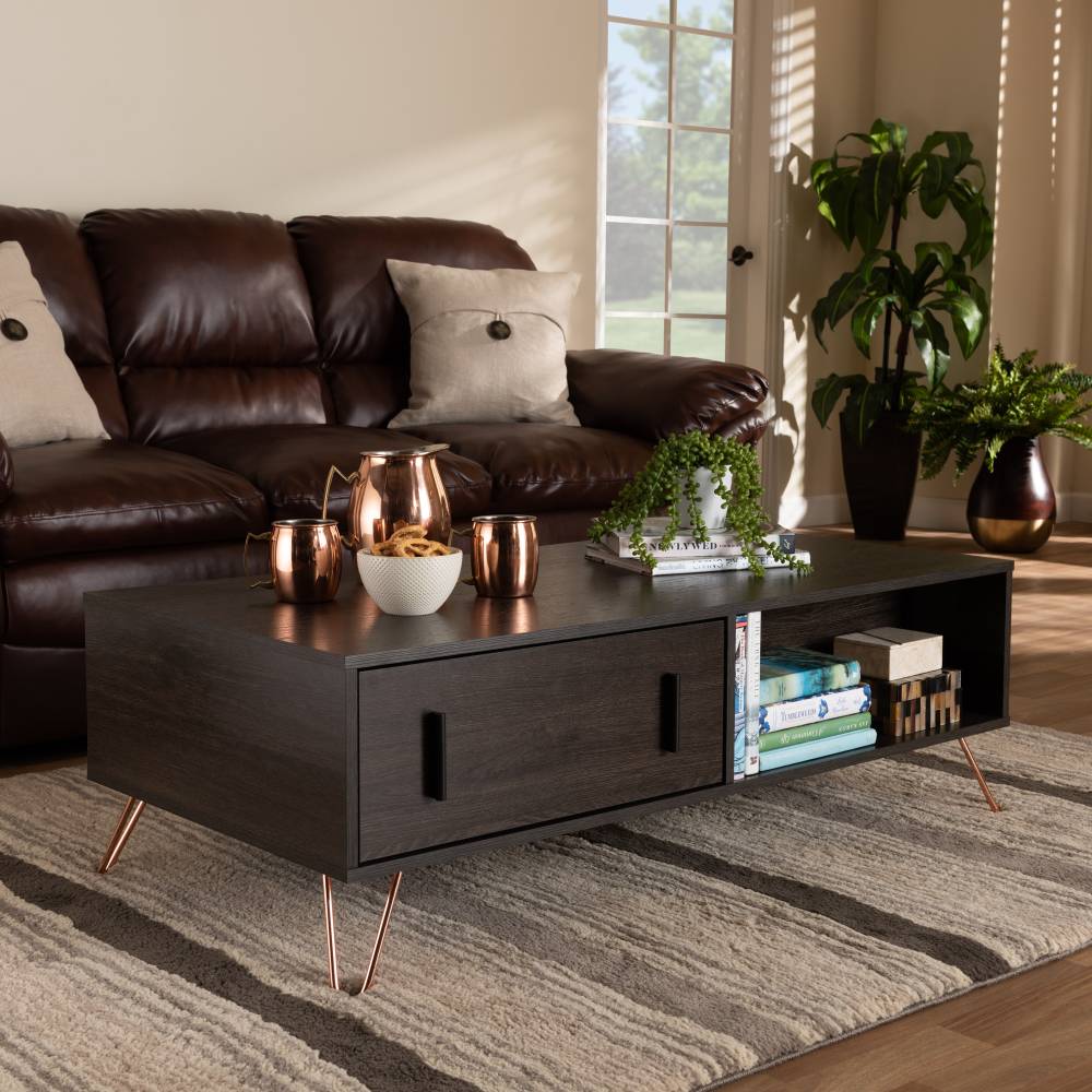 Baxton Studio Baldor Modern and Contemporary Dark Brown Finished Wood and Rose Gold-Tone Finished Metal 2-Drawer Coffee Table