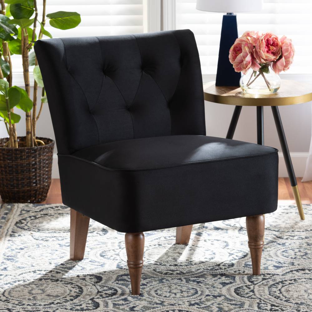 Baxton Studio Harmon Modern and Contemporary Transitional Black Velvet Fabric Upholstered and Walnut Brown Finished Wood Accent Chair