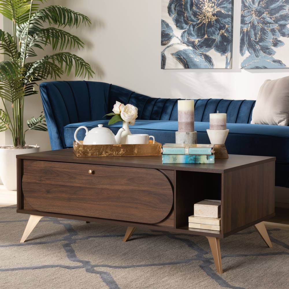 Baxton Studio Edel Mid-Century Modern Walnut Brown and Gold Finished Wood Coffee Table