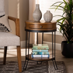 Baxton Studio Roald Vintage Rustic Industrial Walnut Brown Finished Wood and Black Finished 1-Drawer Metal End Table