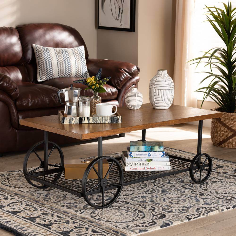 Baxton Studio Ursa Vintage Rustic Industrial Walnut Brown Finished Wood and Black Finished Metal Wheeled Coffee Table