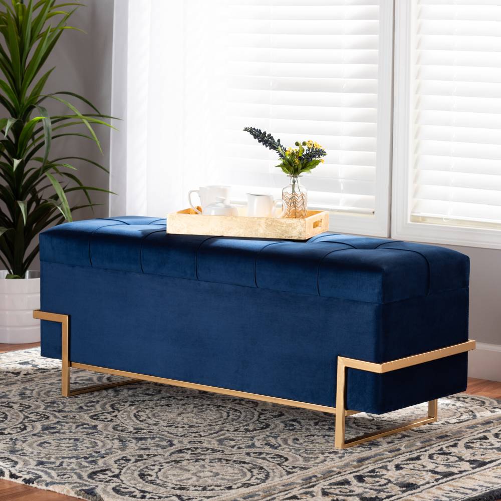 Baxton Studio Parker Glam and Luxe Navy Blue Velvet Upholstered and Gold Metal Finished Storage Ottoman