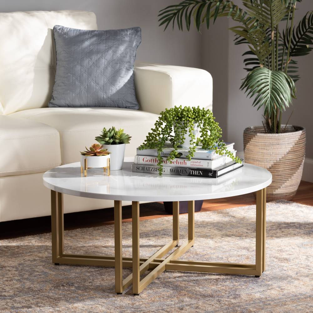 Baxton Studio Maeve Modern and Contemporary Gold Finished Metal Coffee Table With Faux Marble Tabletop