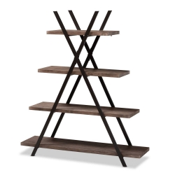 Baxton Studio Fiera Industrial Rustic Walnut Finished Wood and Black Metal 4-Tier Living Room Display Shelf