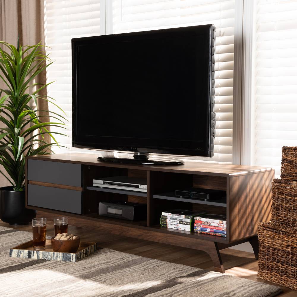 Baxton Studio Koji Mid-Century Modern Two-Tone Grey and Walnut Finished Wood 2-Drawer TV Stand