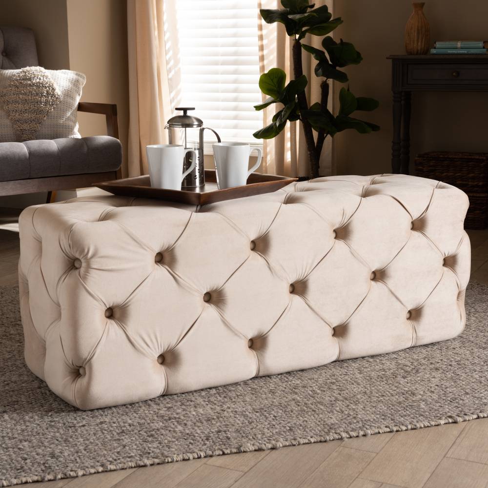 Baxton Studio Jasmine Modern Contemporary Glam and Luxe Beige Velvet Fabric Upholstered Button Tufted Bench Ottoman