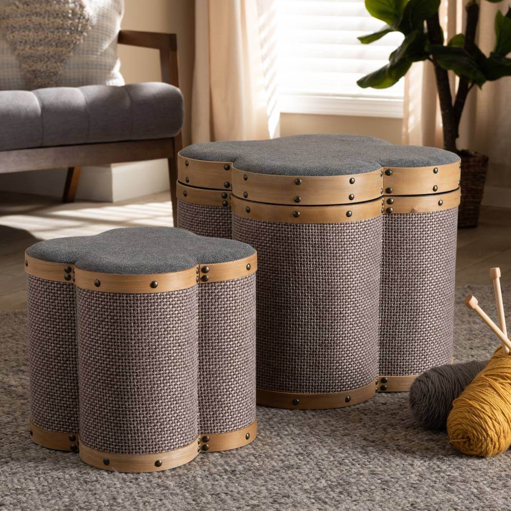 Baxton Studio Marilyn Modern and Contemporary Transitional Grey and Brown Fabric Upholstered 2-Piece Clover Shaped Storage Ottoman Set