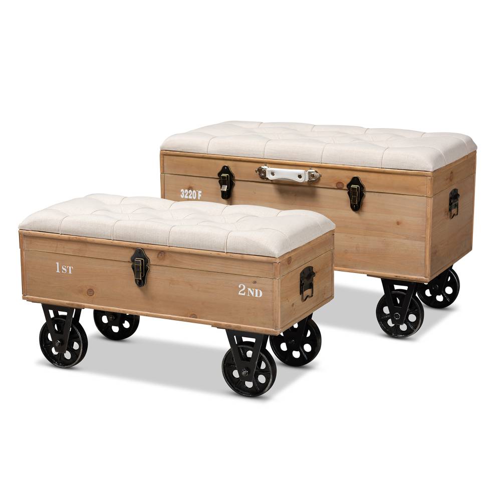 Baxton Studio Finlay Transitional Rustic Farmhouse Beige Fabric Upholstered Distressed Natural Wood and Black Metal 2-Piece Wheeled Storage Ottoman Set