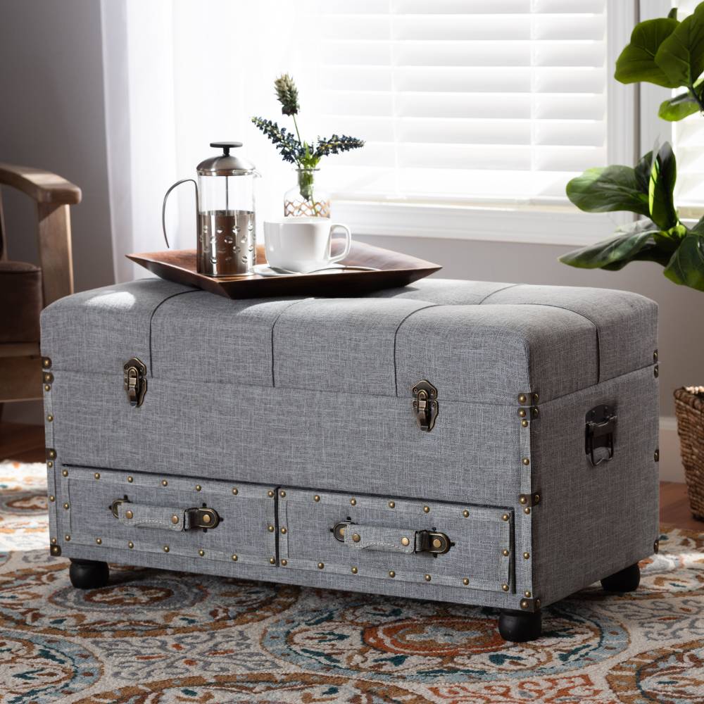 Baxton Studio Flynn Modern Transitional Grey Fabric Upholstered 2-Drawer Storage Trunk Ottoman