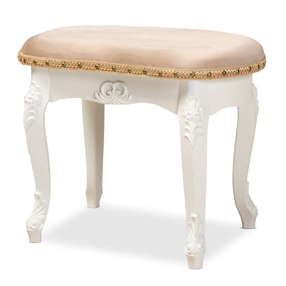 Baxton Studio Gabrielle Traditional French Country Provincial Sand Velvet Fabric Upholstered White-Finished Wood Vanity Ottoman