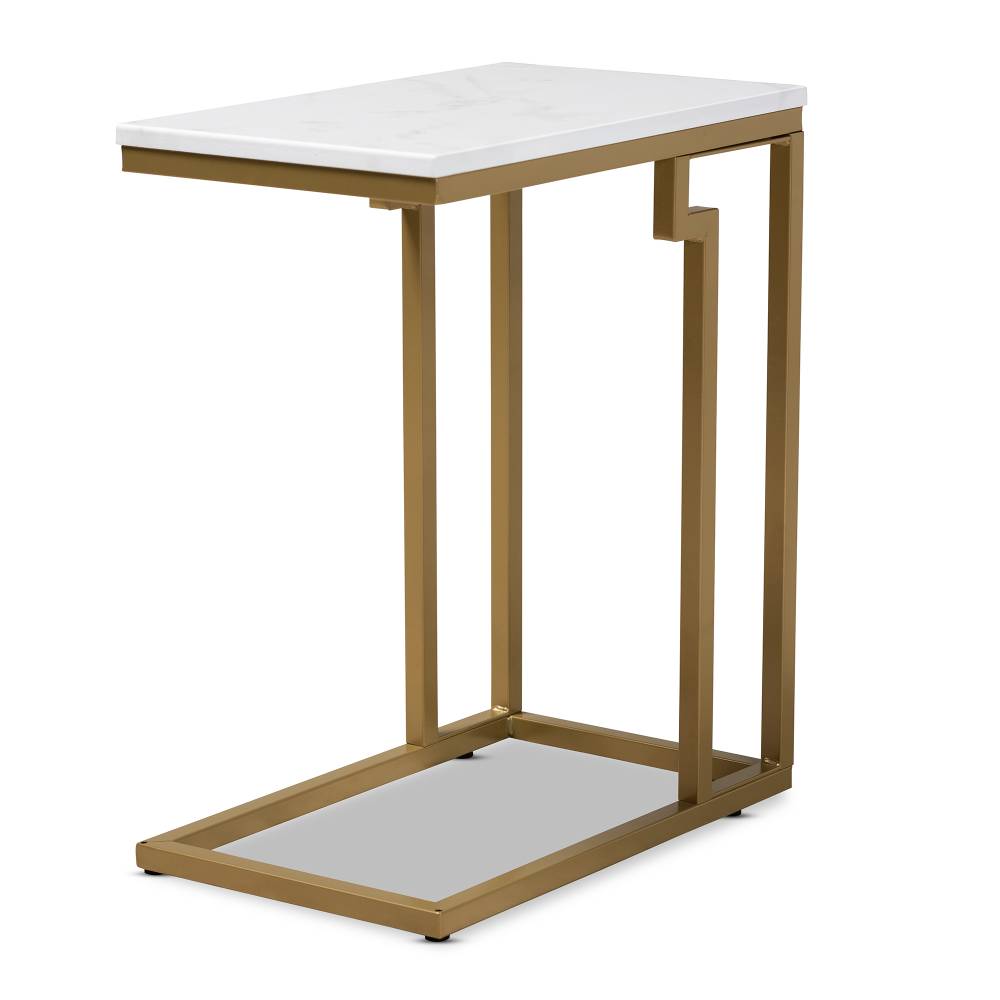 Baxton Studio Renzo Modern and Contemporary Brushed Gold Finished Metal End Table with Faux Marble Tabletop