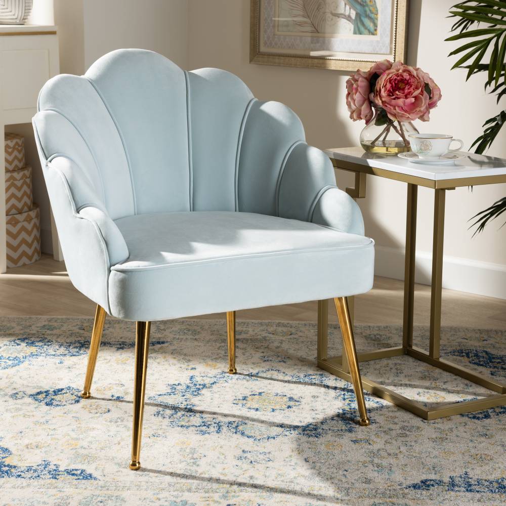 Baxton Studio Cinzia Glam and Luxe Light Blue Velvet Fabric Upholstered Gold Finished Seashell Shaped Accent Chair