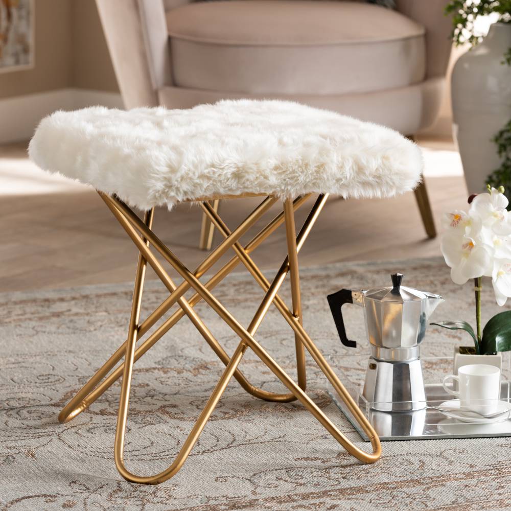 Baxton Studio Valle Glam and Luxe White Faux Fur Upholstered Gold Finished Metal Ottoman
