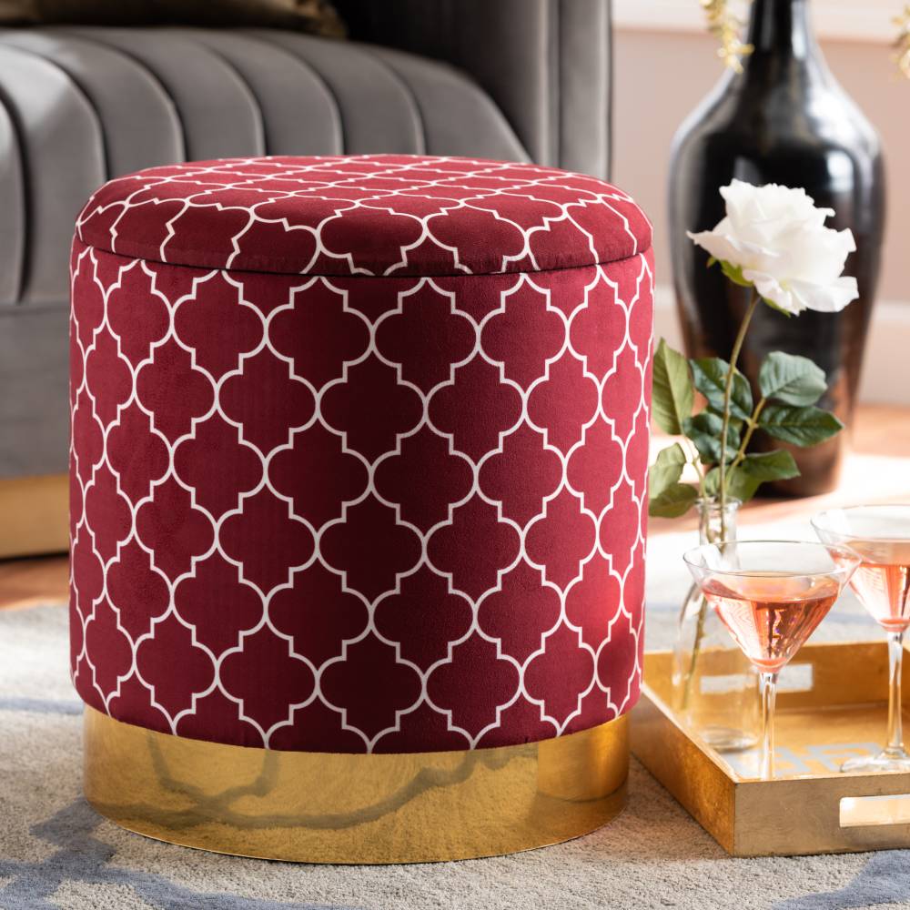 Baxton Studio Serra Glam and Luxe Red Quatrefoil Velvet Fabric Upholstered Gold Finished Metal Storage Ottoman