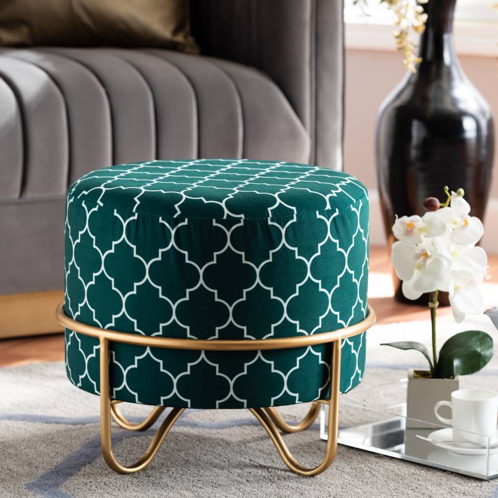 Baxton Studio Candice Glam and Luxe Teal Green Quatrefoil Velvet Fabric Upholstered Gold Finished Metal Ottoman