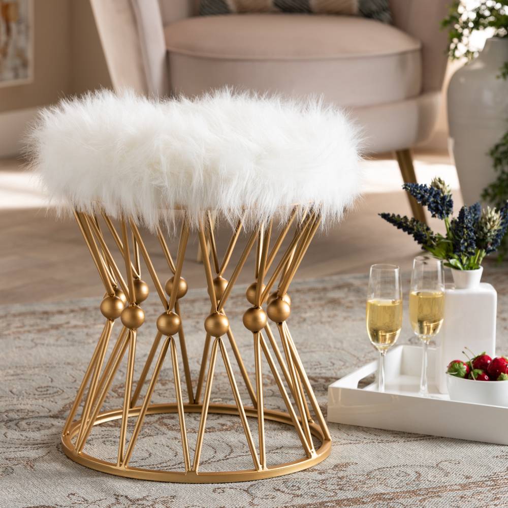 Baxton Studio Leonie Glam and Luxe White Faux Fur Upholstered Gold Finished Metal Ottoman