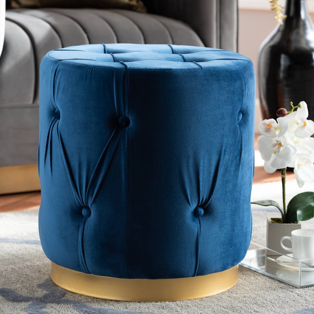 Baxton Studio Gaia Glam and Luxe Navy Blue Velvet Fabric Upholstered Gold Finished Button Tufted Ottoman
