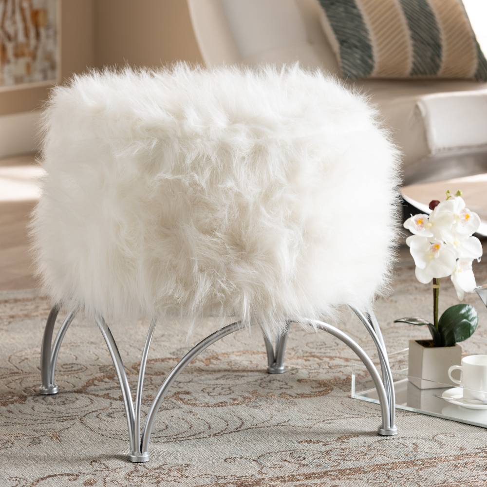 Baxton Studio Celia Modern and Contemporary White Faux Fur Upholstered Silver Metal Ottoman