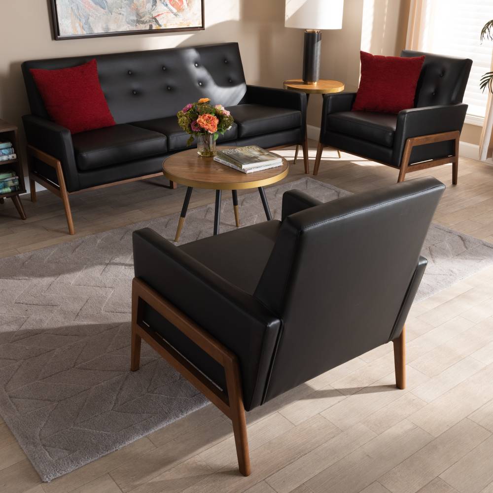 Baxton Studio Perris Mid-Century Modern Black Faux Leather Upholstered Walnut Finished Wood 3-Piece Living Room Set