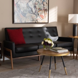 Baxton Studio Perris Mid-Century Modern Black Faux Leather Upholstered Walnut Finished Wood Sofa