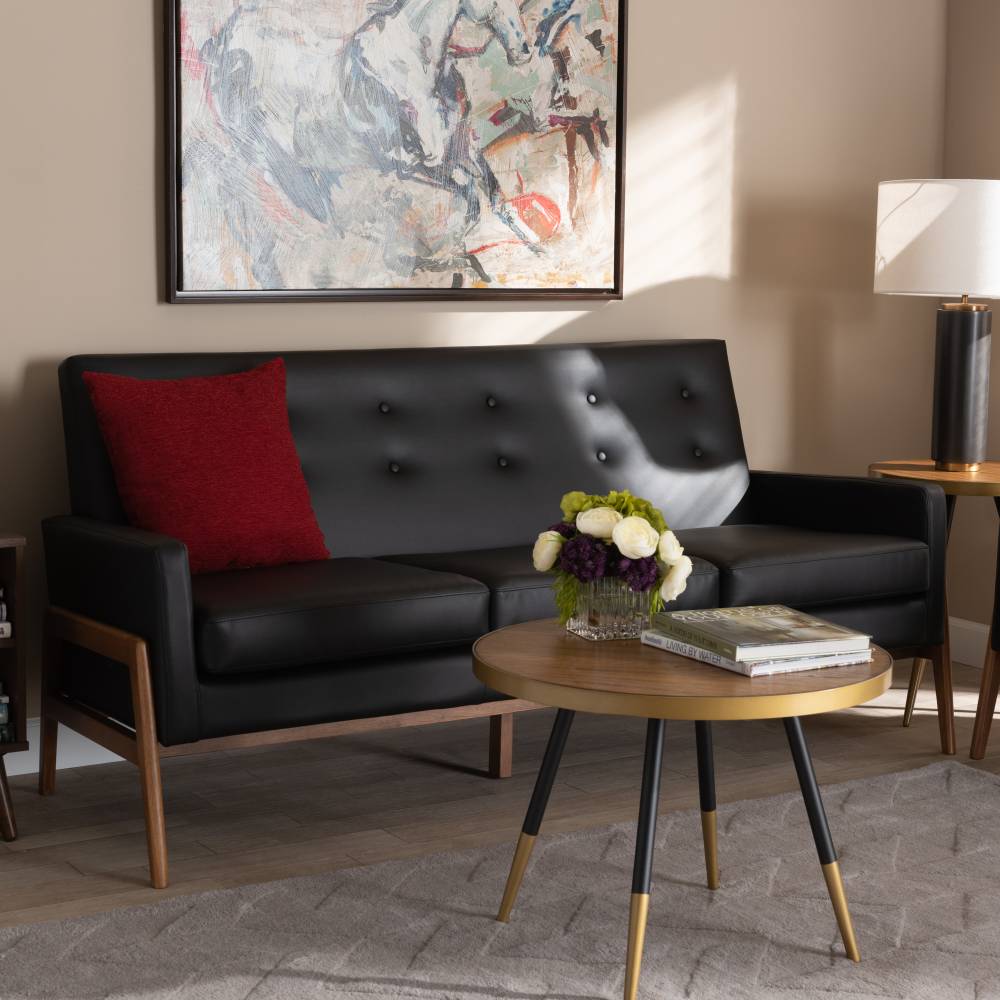 Baxton Studio Perris Mid-Century Modern Black Faux Leather Upholstered Walnut Finished Wood Sofa