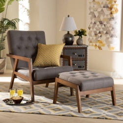 Baxton Studio Naeva Mid-Century Modern Grey Fabric Upholstered Walnut Finished Wood 2-Piece Armchair and Footstool Set