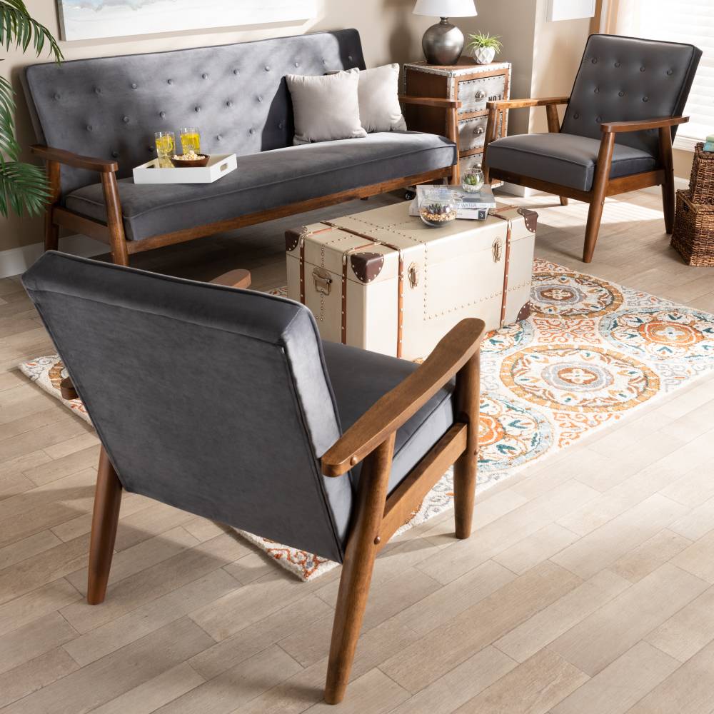 Baxton Studio Sorrento Mid-century Modern Grey Velvet Fabric Upholstered Walnut Finished 3-Piece Wooden Living Room Set