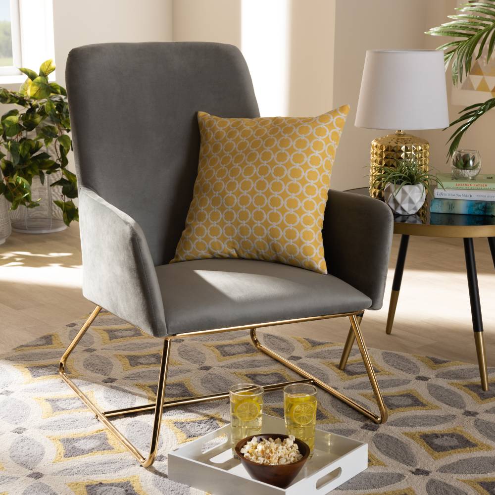 Baxton Studio Sennet Glam and Luxe Grey Velvet Fabric Upholstered Gold Finished Armchair