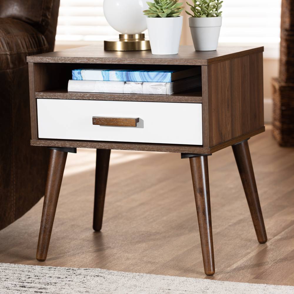 Baxton Studio Quinn Mid-Century Modern Two-Tone White and Walnut Finished 1-Drawer Wood End Table