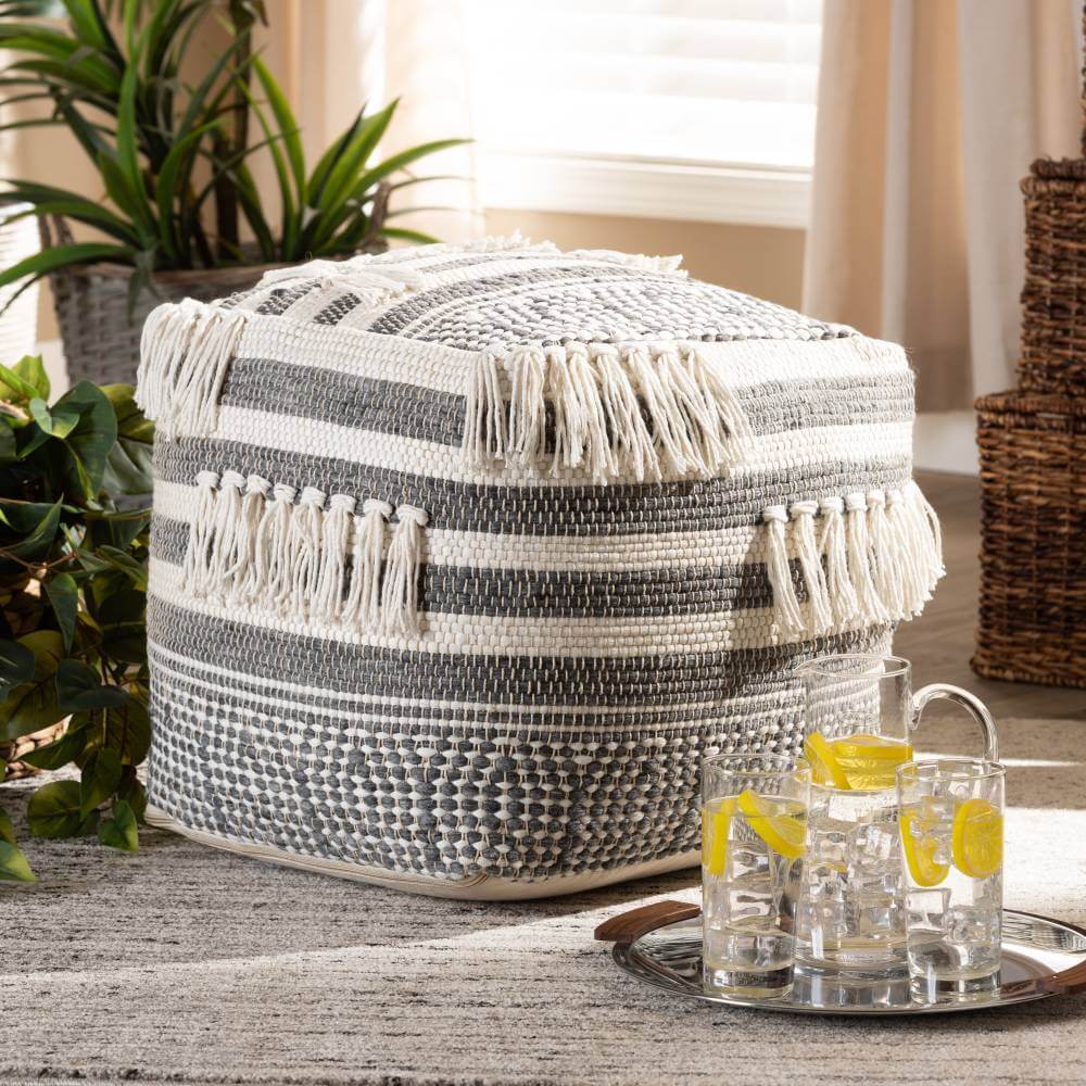 Baxton Studio Kirby Moroccan Inspired Grey and Ivory Handwoven Cotton Pouf Ottoman