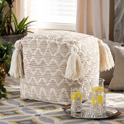 Baxton Studio Noland Moroccan Inspired Natural and Ivory Handwoven Cotton and Hemp Pouf Ottoman