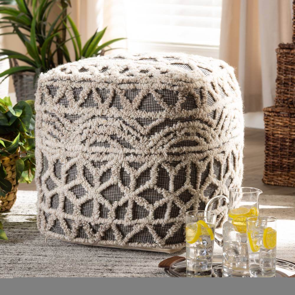 Baxton Studio Avery Moroccan Inspired Beige and Brown Handwoven Cotton Pouf Ottoman