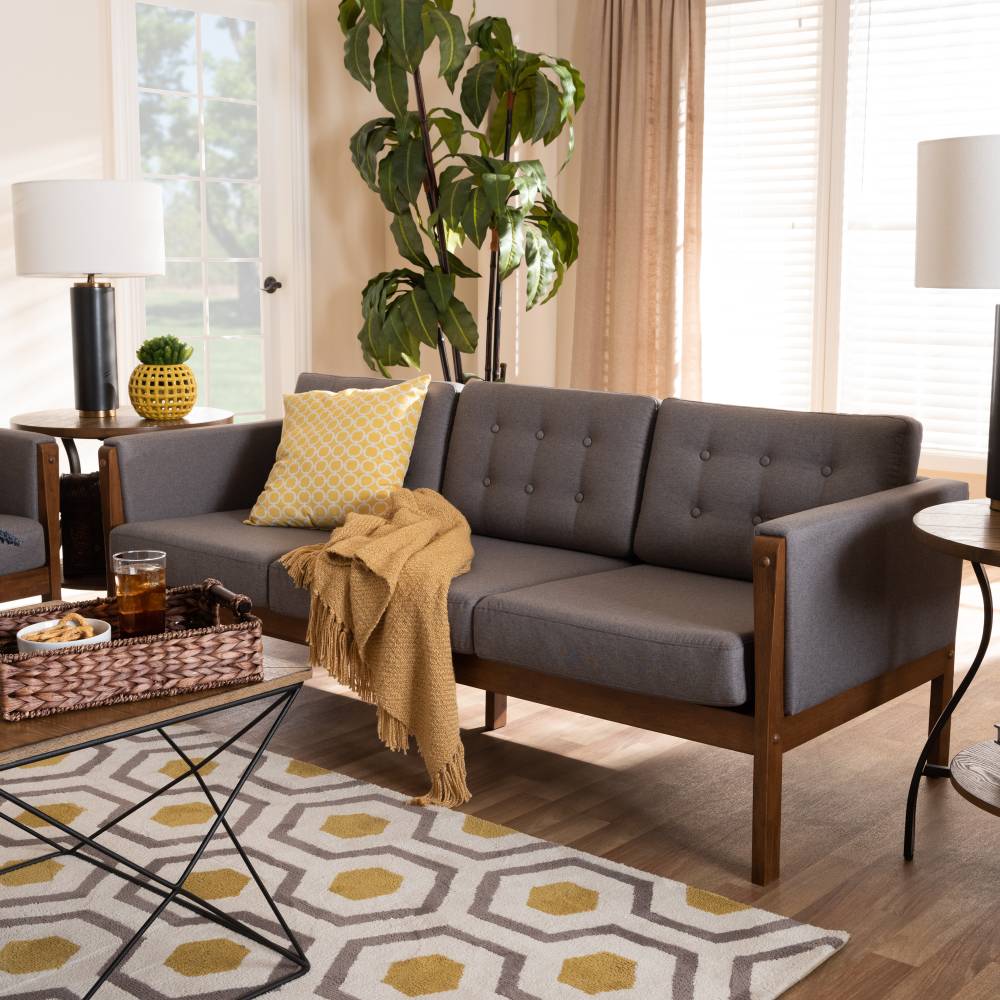 Baxton Studio Lenne Mid-Century Modern Grey Fabric Upholstered Walnut Finished Sofa