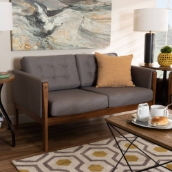 Baxton Studio Lenne Mid-Century Modern Grey Fabric Upholstered Walnut Finished Loveseat