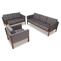 Baxton Studio Lenne Mid-Century Modern Grey Fabric Upholstered Walnut Finished 3-Piece Living Room Set