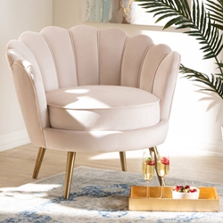 Baxton Studio Cosette Glam and Luxe Light Beige Velvet Fabric Upholstered Brushed Gold Finished Seashell Shaped Accent Chair